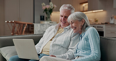 Buy stock photo Senior, laughing and happy couple with laptop on sofa for funny movie, comedy or entertainment. Elderly, man and woman relaxing with smile or computer for humor, joke or online streaming together