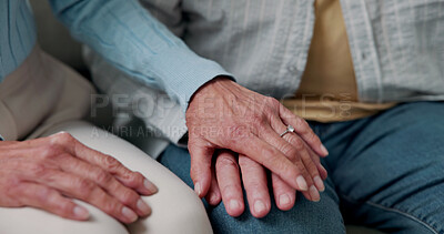 Buy stock photo Support, holding hands and senior couple with partner, love and affection with gesture or commitment. Elderly people, relationship and bonding with spouse on break, trust and security in marriage