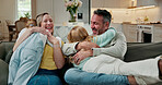Family, hug and sofa with children in home for bonding, playful weekend or holiday together. Mom, dad and playing with kids, smile or embrace on couch for love, support or happy childhood in house