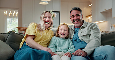 Buy stock photo Happy, relax and portrait of child with parents on sofa in home for bonding, love and funny joke. Laugh, calm and girl with mother and father in living room for connection, trust and family in house.