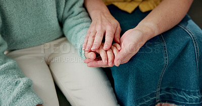 Buy stock photo Parent, holding hands and comfort for child, trust and bonding on break, development and childcare. Family, love and kindness with gesture, connection and person with empathy for kid or support