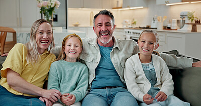 Buy stock photo Laugh, relax and portrait of children with parents on sofa in home for bonding, love and funny joke. Happy, calm and girl kids with mother and father in living room for connection, trust and family.