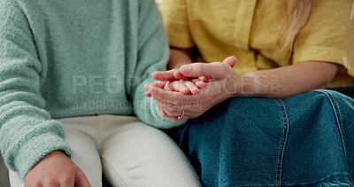 Buy stock photo Parent, holding hands and comfort for child, love and connection on break, development or childcare. Family, bonding and kindness with gesture, trust and person with empathy for kid and support