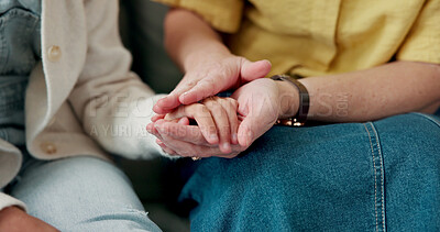 Buy stock photo Parent, holding hands and empathy for child, love and connection on break, understanding or childcare. Family, bonding and kindness with gesture, trust and person with support for kid and comfort