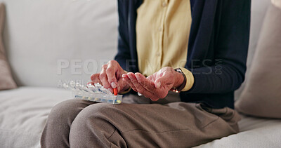 Buy stock photo Hands, pills and old woman with container, wellness or sorting prescription treatment in living room. Retirement, routine and elderly person with medicine, health and organizing supplements in house