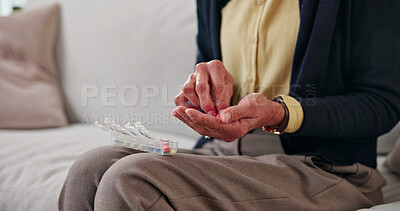 Buy stock photo Hands, pills and senior woman with container, wellness and sorting prescription treatment in lounge. Retirement, routine and elderly person with medication, health and organizing supplements in house
