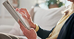 Hands, old woman and relax in home with tablet, social media and streaming movies in lounge. Senior person, scroll and rest at house with digital, browsing website and download games in living room