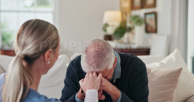 Buy stock photo Cane, grief or nurse comforting old man with disability for empathy, healthcare or support. Loss, sadness or walking stick with caregiver speaking to senior patient for compassion or sympathy in home