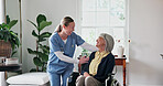 Caregiver, comfort and house with old woman in wheelchair, support and empathy for recovery. Smile, nurse and consoling senior person with disability, assisted living and sympathy for rehabilitation