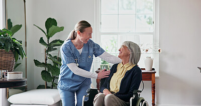 Buy stock photo Caregiver, checkup and house with old woman in wheelchair, support and advice for recovery. Nurse, laughing and senior person with disability, assisted living and funny discussion for rehabilitation