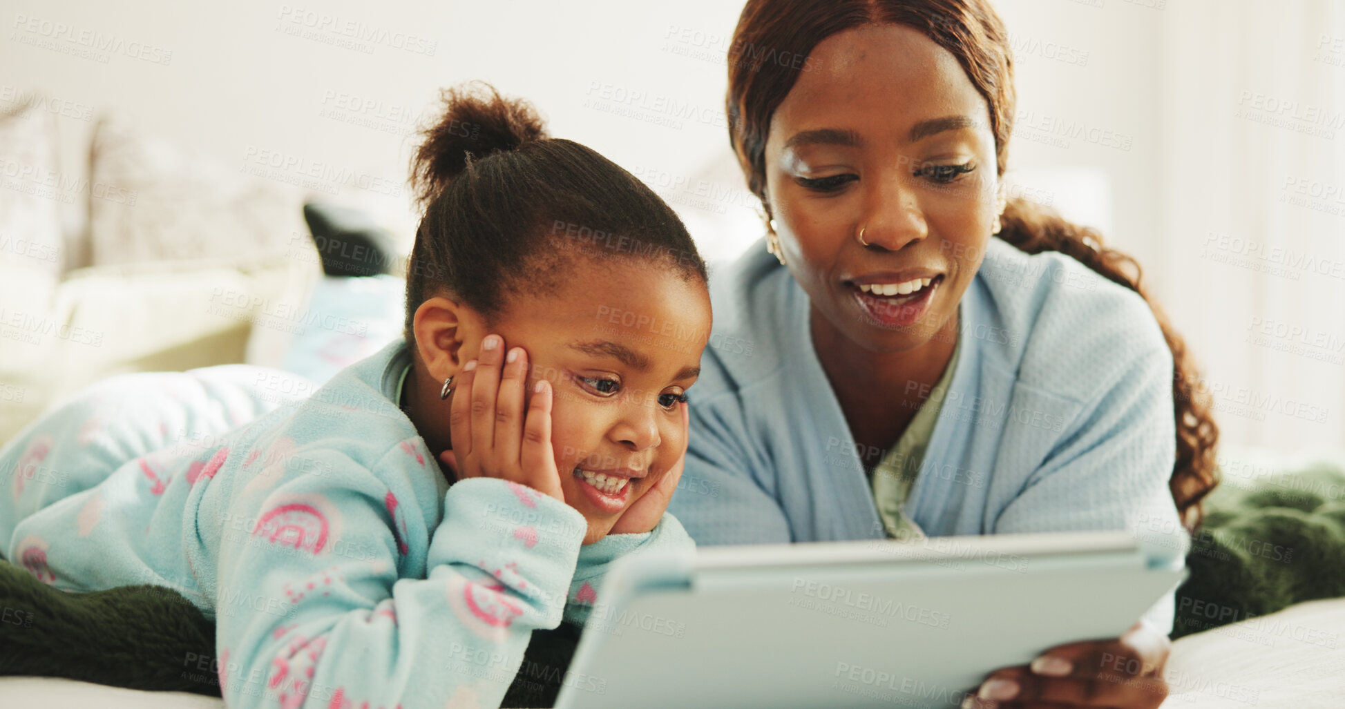 Buy stock photo Relax, tablet or black family in bedroom with streaming, cartoon series or bonding in movie entertainment. Smile, mom or girl in home with tech, film subscription or loving connection with kids show