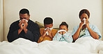 African family, sick and blowing nose in bedroom, allergy or virus infection with flu season in morning. Tissue, parents and children in bed with cold, health problem and viral disease at home