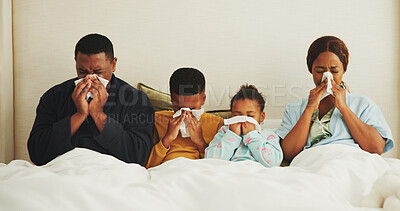 Buy stock photo African family, sick and blowing nose in bedroom, allergy or virus infection with flu season in morning. Tissue, parents and children in bed with cold, health problem and viral disease at home