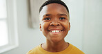 Portrait, black kid and dental health in home, smile and oral wellness with child development. Happy boy, teeth and orthodontics, growth and gum care with dentistry for mouth hygiene in house