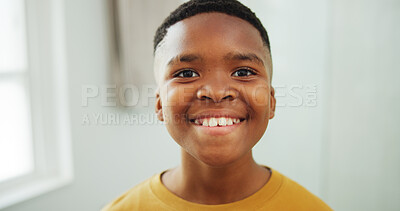 Buy stock photo Portrait, black kid and dental health in home, smile and oral wellness with child development. Happy boy, teeth and orthodontics, growth and gum care with dentistry for mouth hygiene in house