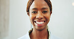 Portrait, black woman and dental health in home, smile and oral wellness with fresh breath. Happy person, teeth and orthodontics, shine and gum care with dentistry benefits for mouth hygiene in house
