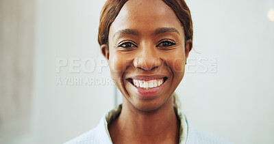 Buy stock photo Portrait, black woman and dental health in home, smile and oral wellness with fresh breath. Happy person, teeth and orthodontics, shine and gum care with dentistry benefits for mouth hygiene in house