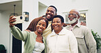 Selfie, happy and big family by new home for bonding, memory or connection together outdoor. People, social media post and black couple with mature parents for photography picture in backyard at house