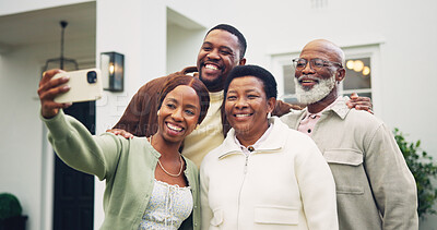 Buy stock photo Selfie, happy and big family by home for bonding, memory or connection together outdoor. People, social media post and black couple with mature parents for photography picture in backyard at house