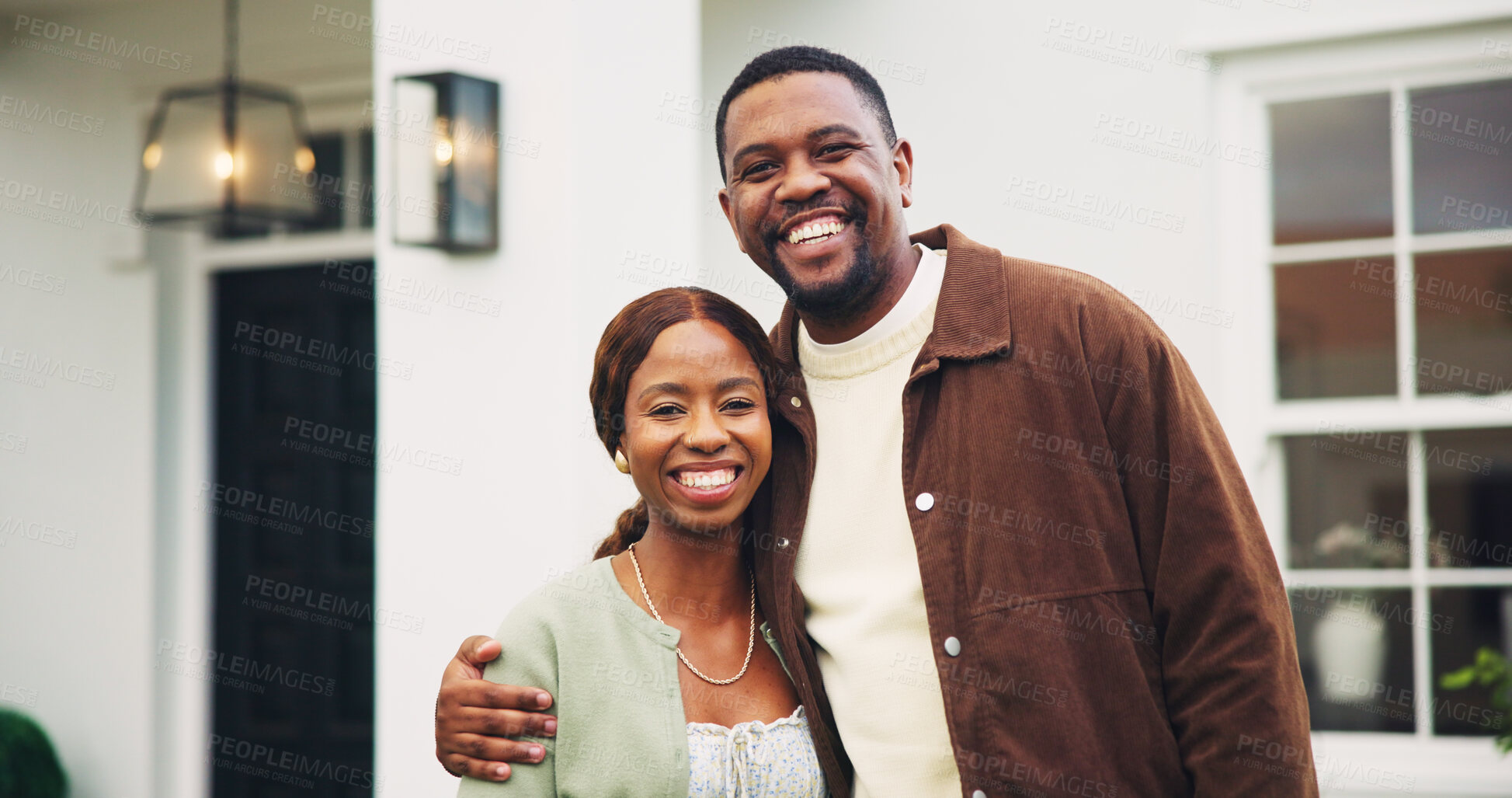 Buy stock photo Hugging, new home and portrait of black couple outdoor for property investment or purchase. Mortgage, real estate and smile with happy people embracing for support with relocation to dream house