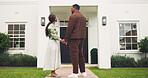 Holding hands, new home and pride with black couple outdoor for property investment or purchase. Mortgage, real estate and security with happy people in neighborhood for dream house relocation