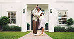 Portrait, couple and hug in front yard with new house, property investment and real estate goals. Mature, married black people and moving in home with relocation, mortgage loan and embrace for love.