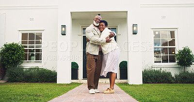 Buy stock photo Portrait, couple and hug in front yard with new house, property investment and real estate goals. Mature, black people and moving in home with relocation, mortgage loan or embrace for love with smile