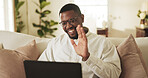 Video call, wave or black man in home with laptop, funding review or digital communication in remote work. WFH, greeting or finance advisor with tech, investment inquiry or feedback in online meeting