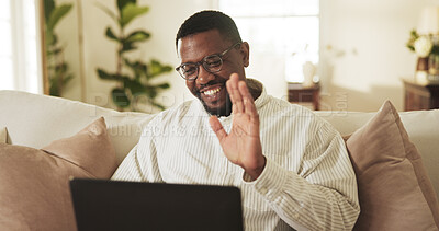Buy stock photo Video call, wave or black man in home with laptop, funding review or digital communication in remote work. WFH, greeting or finance advisor with tech, investment inquiry or smile in online meeting