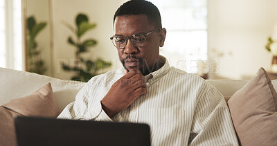 Buy stock photo Remote work, thinking or black man in home with laptop, research or planning of marketing pitch. WFH, reflection or creative consultant with tech, advertisement insight or proposal for brand campaign