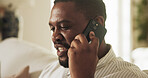Phone call, talking or black man in house with connection, online communication or contact on digital site. Networking, chat or person with tech, discussion or telecommunication on virtual platform.
