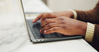 Buy stock photo Hands, typing and man in home with laptop for remote work on online web development project. Keyboard, information and software engineer with computer for freelance career in programming at house.