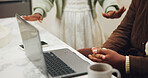 Argument, couple or hands in house with laptop, payment pressure or bankruptcy in money management. Conflict, tax review or people in home with tech, missing bill or loss in poor financial planning.