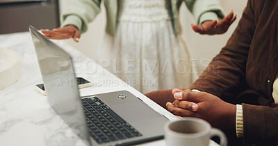 Buy stock photo Argument, couple or hands in house with laptop, payment pressure or bankruptcy in money management. Conflict, tax review or people in home with tech, fintech bill or loss in financial debt planning.