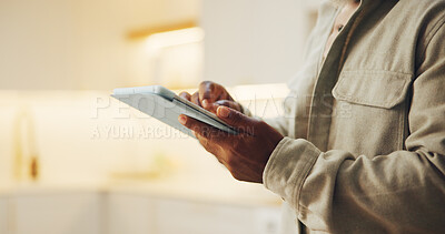 Buy stock photo Ebook, search and hands in house with tablet, online library or scrolling on storytelling platform. Digital, space and man in home with tech, virtual browse or portable reading on literature site.