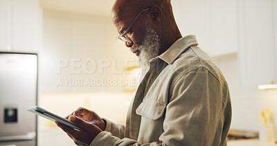 Buy stock photo Ebook, search or black man in house with tablet, online info or scroll on storytelling platform. Digital, hobby or mature person with tech, virtual browse or portable reading on literature site