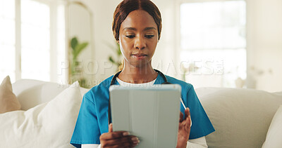 Buy stock photo Caregiver, woman and reading in nursing home with tablet, medical research and patient diagnosis report. Black person, nurse and scroll with tech, telehealth website and digital app for healthcare