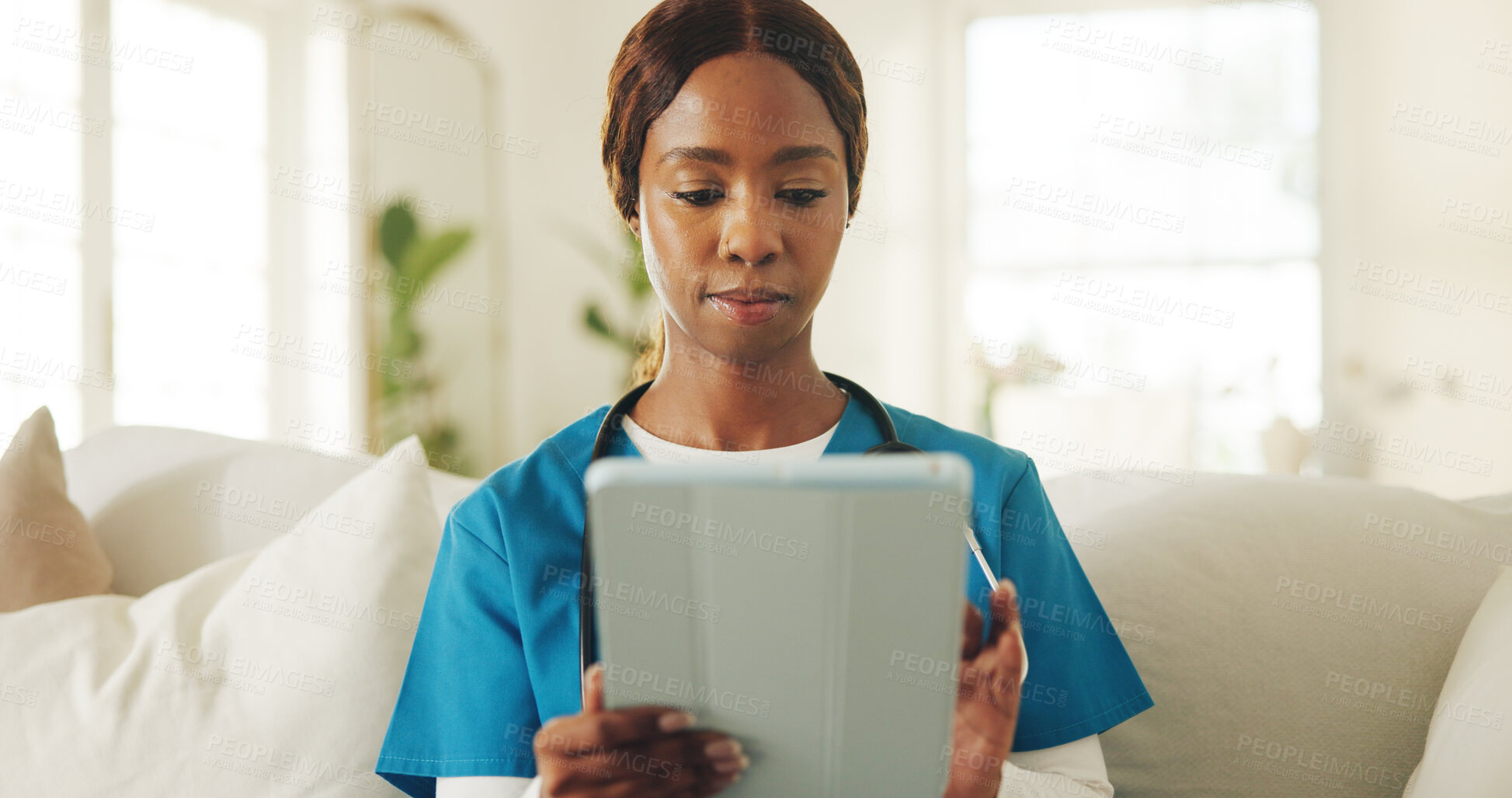 Buy stock photo Caregiver, woman and reading in nursing home with tablet, medical research and patient diagnosis report. Black person, nurse and scroll with tech, telehealth website and digital app for healthcare