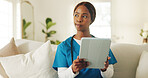 Caregiver, woman and thinking in nursing home with tablet, medical research and patient diagnosis report. Black person, nurse and scroll with tech, problem solving and digital app for healthcare.