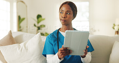 Buy stock photo Caregiver, woman and thinking in nursing home with tablet, medical research and patient diagnosis report. Black person, nurse and idea with tech, problem solving and digital app for healthcare