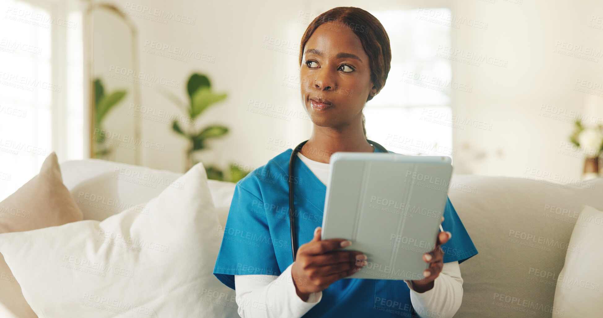 Buy stock photo Caregiver, woman and thinking in nursing home with tablet, medical research and patient diagnosis report. Black person, nurse and idea with tech, problem solving and digital app for healthcare