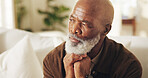 Thinking, serious or old man in home with nostalgia, wondering mindset or contemplating on past memory. Perspective, insight or black person with flashback, questioning or reflection in retirement.