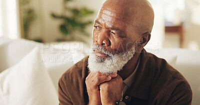 Buy stock photo Thinking, serious or old man in home with nostalgia, wondering mindset or contemplating on past memory. Perspective, insight or black person with flashback, questioning or reflection in retirement
