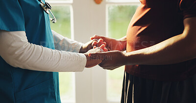 Buy stock photo Comfort, nurse and holding hands with people in house, understanding and empathy in medical checkup. Compassion, patient and caregiver with security, support and trust in health consultation.