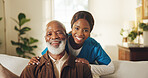 Portrait, caregiver and senior man in nursing home with smile, help or medical support for wellness. Happy, black people or pensioner in retirement center with nurse, healthcare assistance and trust.