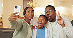 Peace sign, selfie and son with parents on sofa in home living room for bonding, memories or social media. Black family, love or tongue out with boy child, dad and mom for photo or profile picture