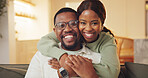 Love, portrait and hug with black couple in home with support, happiness and relationship security. Smile, man and woman embrace in lounge with partner for trust, commitment and connection together