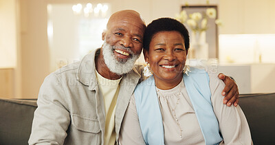 Buy stock photo Love, mature and hug with black couple in home with support, happiness and relationship security. Smile, man and woman embrace in lounge with portrait for trust, commitment and connection together