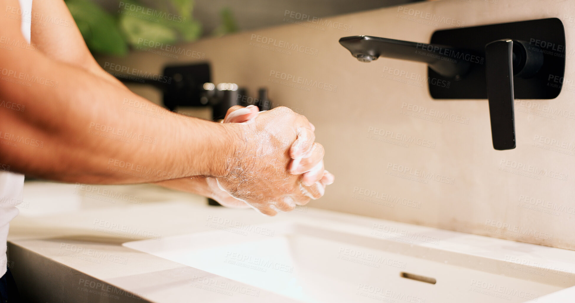 Buy stock photo Basin, soap and washing hands with man in bathroom for hygiene, skincare or wellness. Cleaning, disinfection and foam with person at apartment sink to remove bacteria, dirt or germs for maintenance