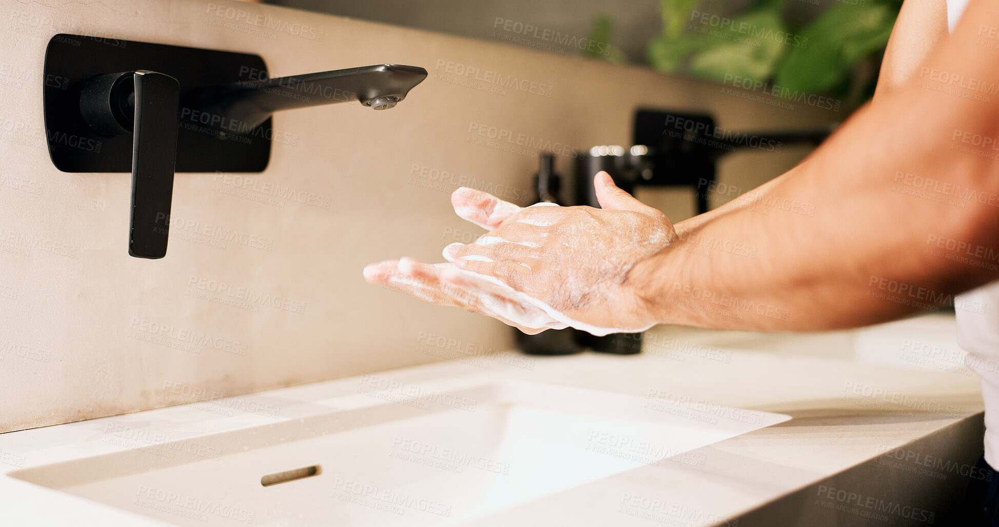 Buy stock photo Basin, soap and washing hands with person in bathroom for hygiene, skincare or wellness. Cleaning, disinfection and foam with man at apartment sink to remove bacteria, dirt or germs for maintenance